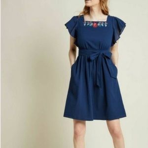 ModCloth Navy Blue Cottage Homage Embroidered Flutter Sleeve Belted A Line Dress